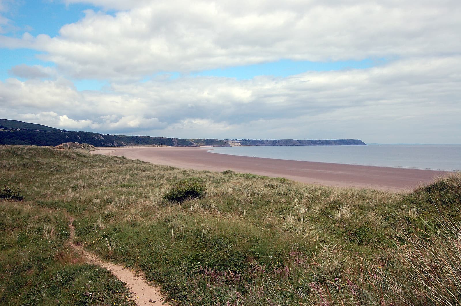 Der weite Sandbogen der Oxwich Bay, gesäumt von Dünen und bewaldeten Landspitzen