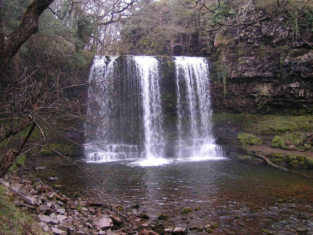 Der Wasservorhang des Sgwd yr Eira in der bewaldeten Schlucht des Afon Hepste